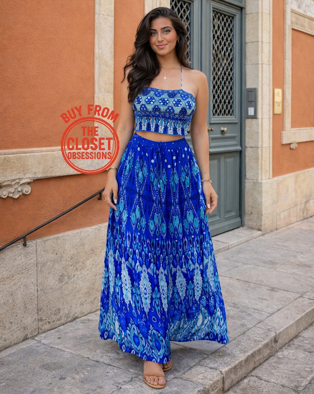 Zara NWT Blue Embroidered Two Piece Maxi Skirt Set M L